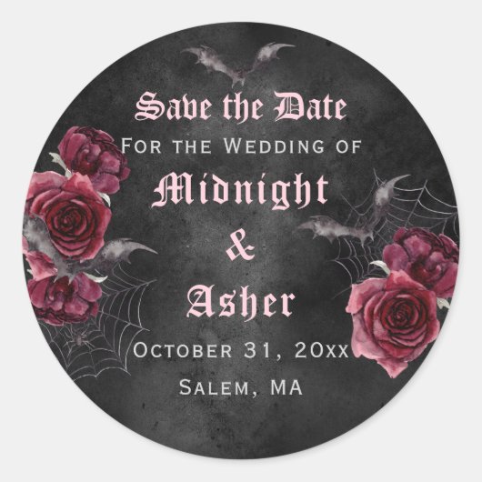 Elegante gotische Rose Save the Date Runder Aufkleber (Vorderseite)