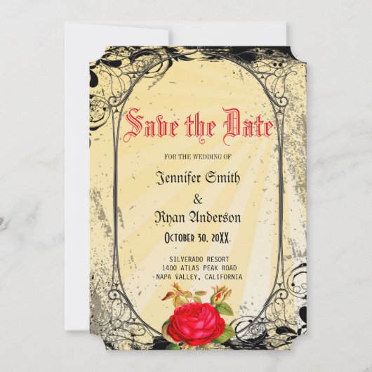 Elegante gotische rote Rosen Save the Date Einladung (Vorderseite)