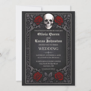 Elegante gotische Schädel- und Rosenhochzeitseinla Einladung