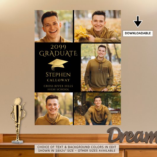Elegante Graduate Black Gold 5 Foto Collage Poster