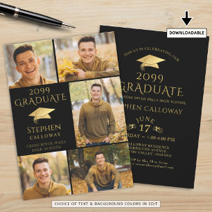 Elegante Graduate Black Gold Cap 5 FotoCollage Einladung