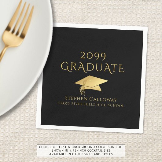 Elegante Graduate Black Imitats Gold Foil Cap Name Serviette