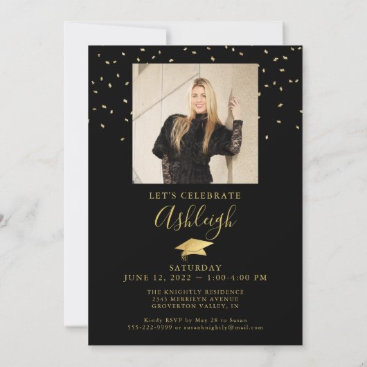Elegante Graduate Extravagant Script 2 Fotos Gold Einladung (Rückseite)