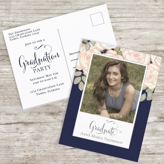 Elegante Graduate Floral Watercolor Chic Navy Blau Postkarte