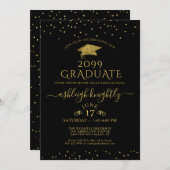 Elegante Graduate Gold Glitzer Confetti Cap Black Einladung (Vorne/Hinten)