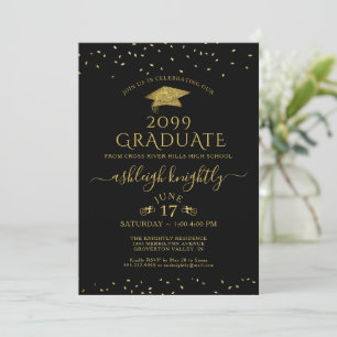 Elegante Graduate Gold Glitzer Confetti Cap Black Einladung