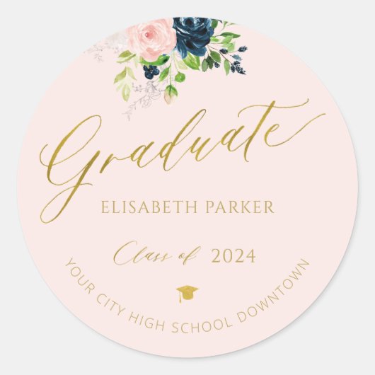 Elegante Graduate Gold Script Foto Abschluss Chic Runder Aufkleber (Vorderseite)