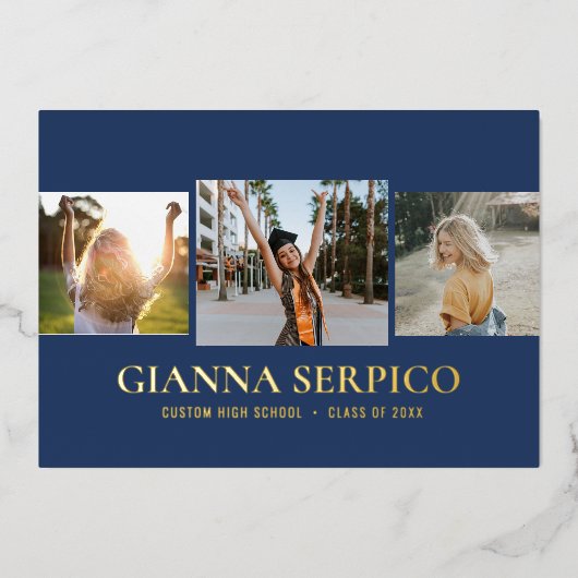 Elegante Graduate Name Foil Invasion in der Marine Folieneinladung (Vorderseite)