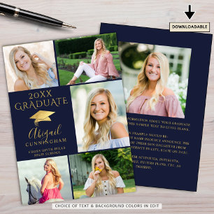 Elegante Graduate Navy Blue Gold 6 Foto Collage Ankündigung
