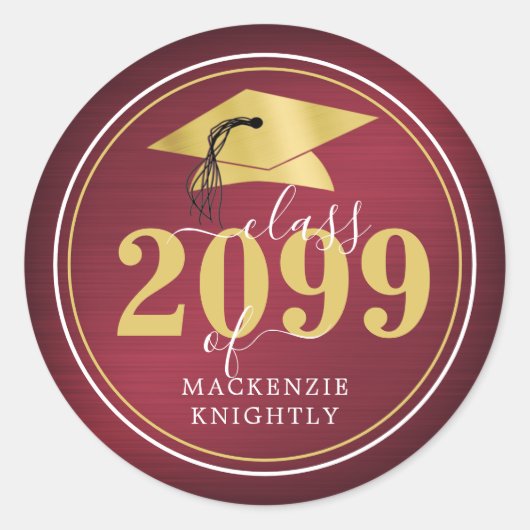 Elegante Graduation Cap Class Name Maroon Gold Runder Aufkleber (Vorderseite)