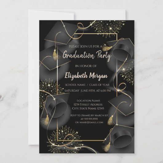Elegante Graduation Caps Black Graduation Party Einladung (Vorderseite)