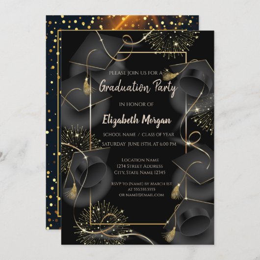 Elegante Graduation Caps Black Graduation Party Einladung (Vorne/Hinten)