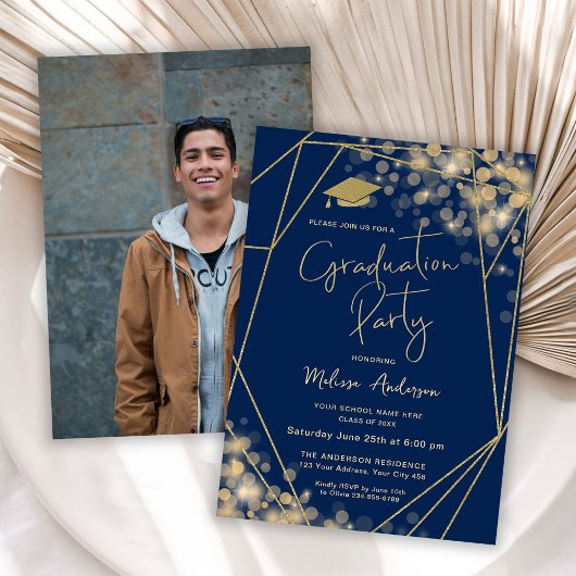 Elegante Graduation Party Navy Blue Foto Einladung