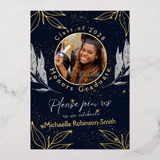 Elegante Graduation Party Navy Gold Foil Einladung (Vorderseite)