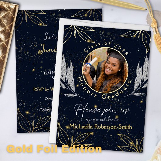 Elegante Graduation Party Navy Gold Foil Einladung