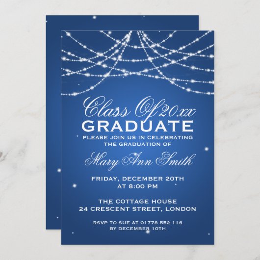 Elegante Graduation Party Sparkling String Blue Einladung (Vorne/Hinten)