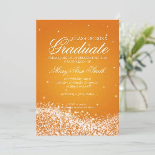 Elegante Graduation Party Sparkling Wave Orange Einladung (Stehend Vorderseite)
