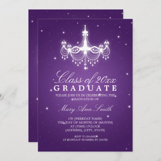 Elegante Graduierungspartei Classy Chandelier Lila Einladung (Vorne/Hinten)