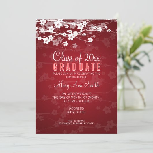 Elegante Graduierungspartei Kirry Blossom Rot Einladung (Stehend Vorderseite)