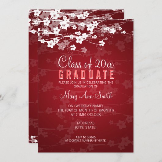 Elegante Graduierungspartei Kirry Blossom Rot Einladung (Vorne/Hinten)