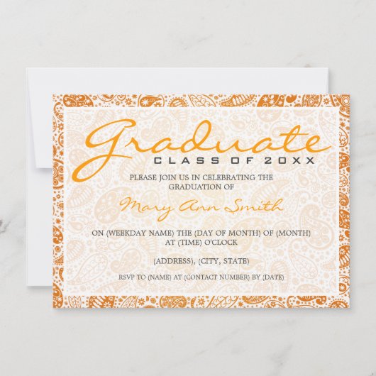 Elegante Graduierungsparty Paisley Orange Einladung (Vorderseite)
