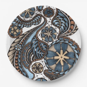 Elegante grafische Paisley-Blumenmuster in Blau un Pappteller