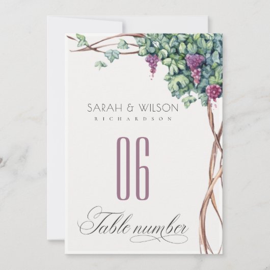 Elegante Grapevine Foliage Wedding Tischnummer (Vorderseite)