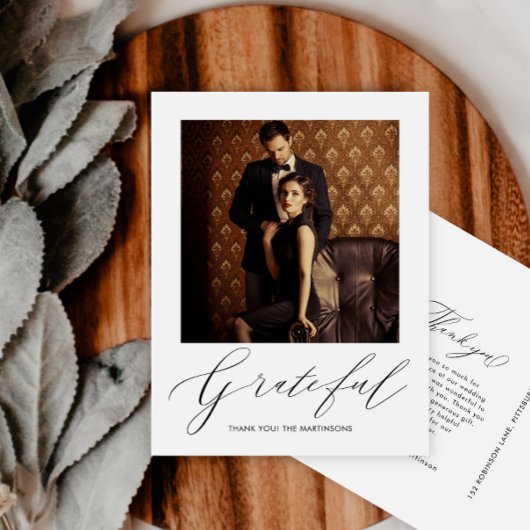 Elegante Grateful Script Foto Wedding Vielen Dank Postkarte
