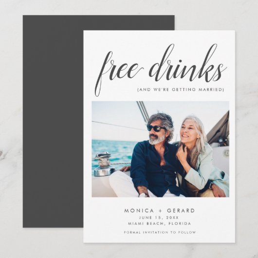 Elegante Gratis-Getränke-Foto-Hochzeit Save The Date (Vorne/Hinten)