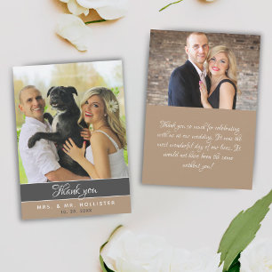 Elegante Grau Beige 2 Foto Hochzeit Dankeskarte