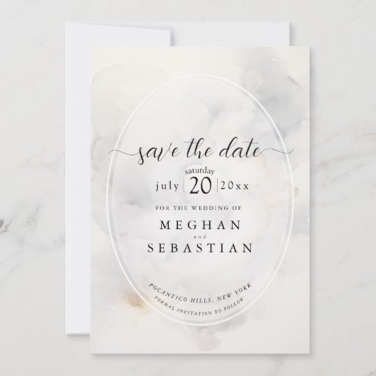 Elegante, grau-blassgelbe Wolken Save The Date (Vorderseite)
