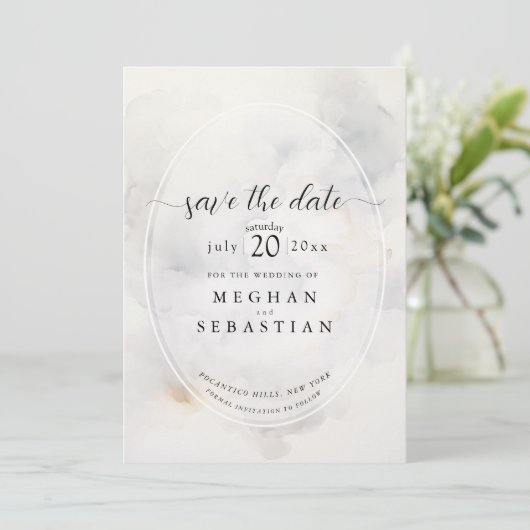 Elegante, grau-blassgelbe Wolken Save The Date (Stehend Vorderseite)
