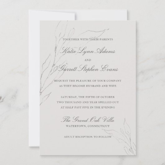 Elegante, grau gezeichnete Blätter Hochzeit Einladung (Vorderseite)