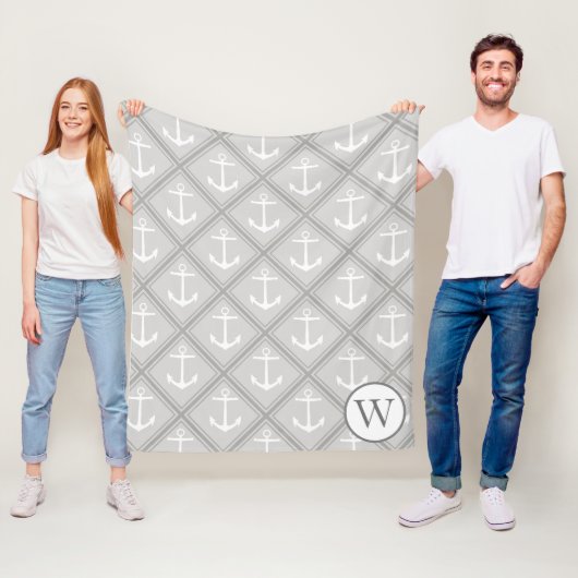 Elegante, grau-weiße Anker | Monogramm Fleecedecke (Beispiel)
