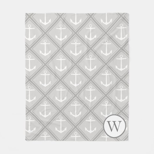 Elegante, grau-weiße Anker | Monogramm Fleecedecke (Vorderseite)
