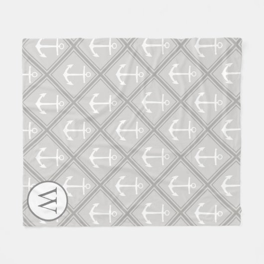 Elegante, grau-weiße Anker | Monogramm Fleecedecke (Vorderseite (Horizontal))