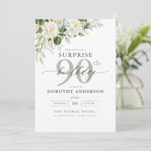 Elegante graue Blumenüberraschung Geburtstag Einladung (Stehend Vorderseite)