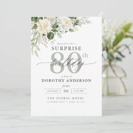 Elegante graue Blumenüberraschung Geburtstag Einladung (Stehend Vorderseite)