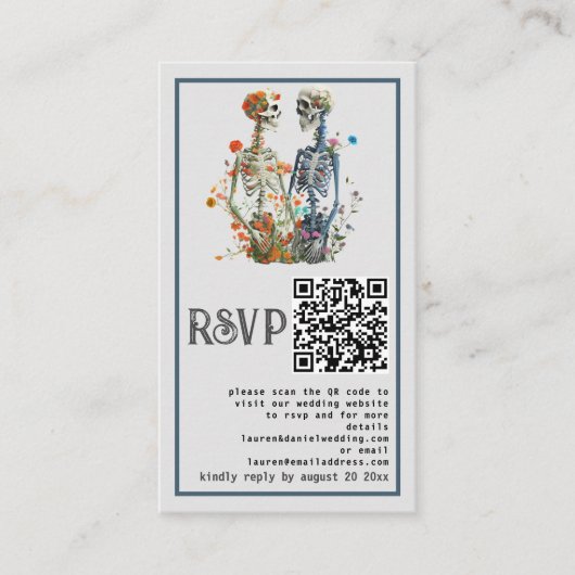 Elegante graue Blütenskelette QR Wedding RSVP Card Begleitkarte (Vorderseite)