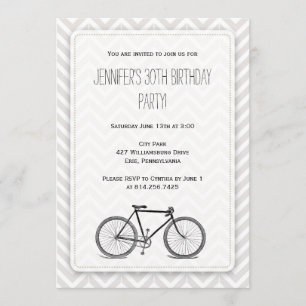 Elegante graue Chevron-Vintage-Fahrrad-Geburtstag Einladung