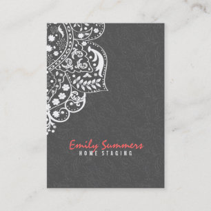 Elegante graue Damastmuster & weiße Vintage-Spitze Visitenkarte