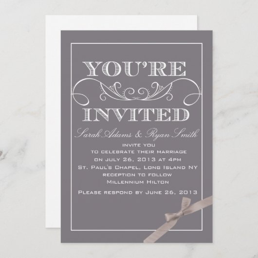 Elegante, graue Hochzeit Einladung mit Ribbon (Vorne/Hinten)