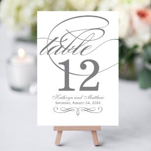 Elegante graue Kalligrafie-Tischnummernkarte Einladung