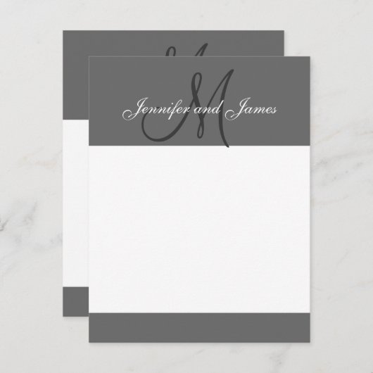 Elegante graue Monogram-Namen Newly Wed-Mitteilung Mitteilungskarte (Vorne/Hinten)