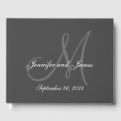 Elegante graue Monogramm-Namen Datum Foto Hochzeit Gästebuch (Vorderseite)