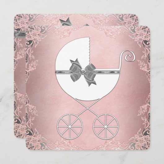 Elegante graue Pink Lace Girl Dusche Einladung (Vorne/Hinten)