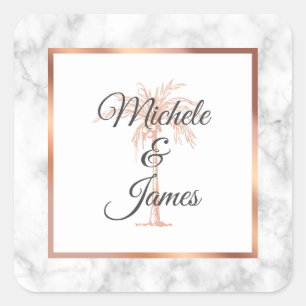 Elegante Graue Roségold-Palmenbaum-Marmor-Hochzeit Quadratischer Aufkleber