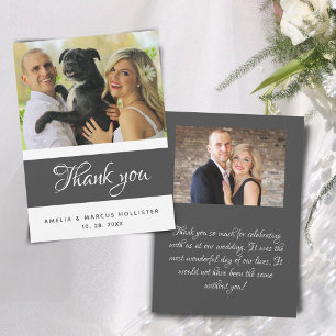 Elegante Graue Schrift 2 Foto Hochzeit  Dankeskarte
