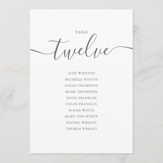 Elegante graue Schrift Tisch Nummer 12 Sitzordnung Einladung (Vorderseite)
