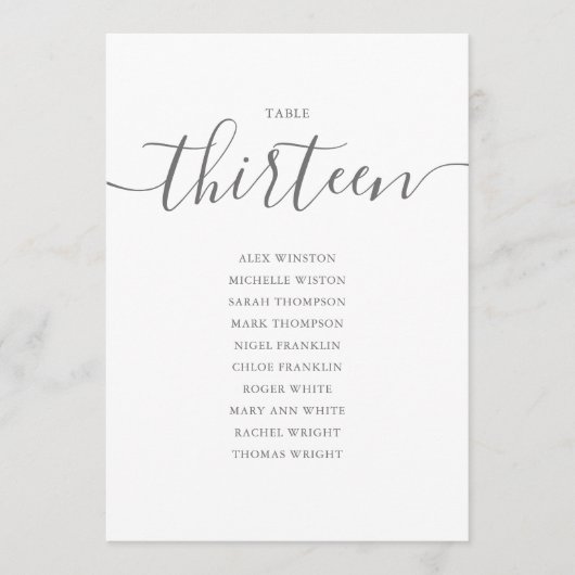 Elegante graue Schrift Tisch Nummer 13 Sitzordnung Einladung (Vorderseite)